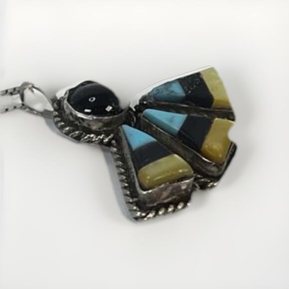 Vintage Navajo Sterling Silver Turquoise Onyx & Coral Pendant Necklace - 19” - Picture 9 of 16